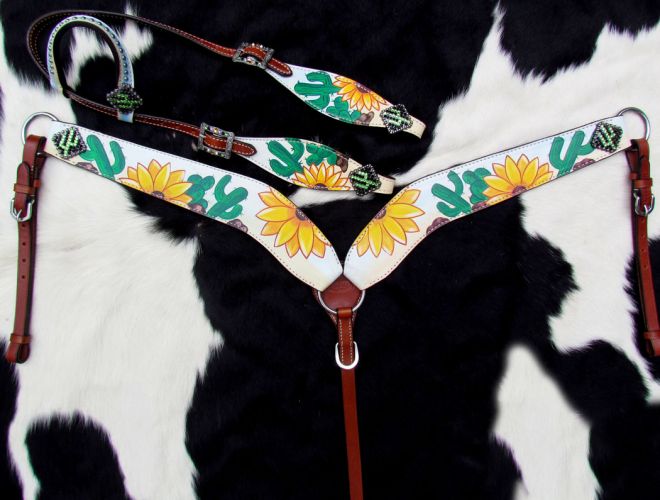 Showman Hand Painted Sunflower and Cactus Print One Ear Headstall and Breastcollar Set #4